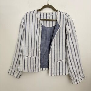 Chicos Blue White Striped Linen Open Front Jacket Frayed Trim Size 2 US 12